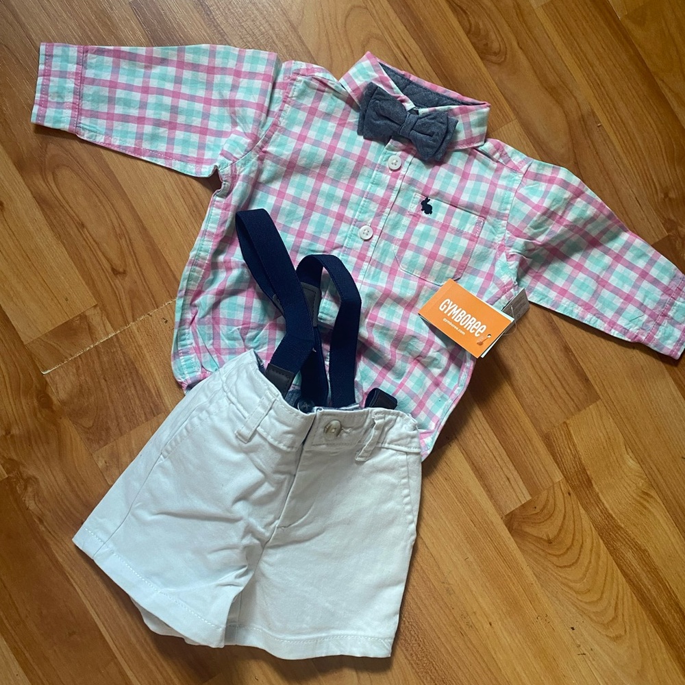 New with tags Gymboree Pink and Green Plaid Shirt with Gray Bow Tie
